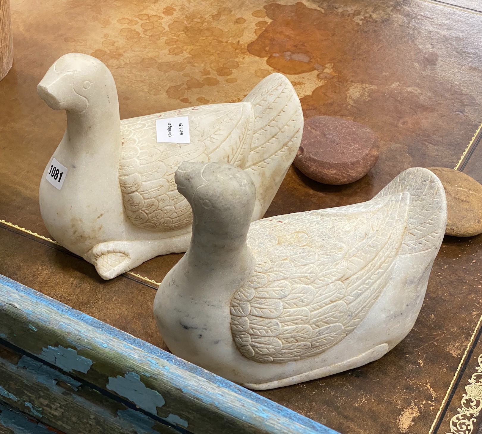 A pair of carved alabaster ducks, length 25cm